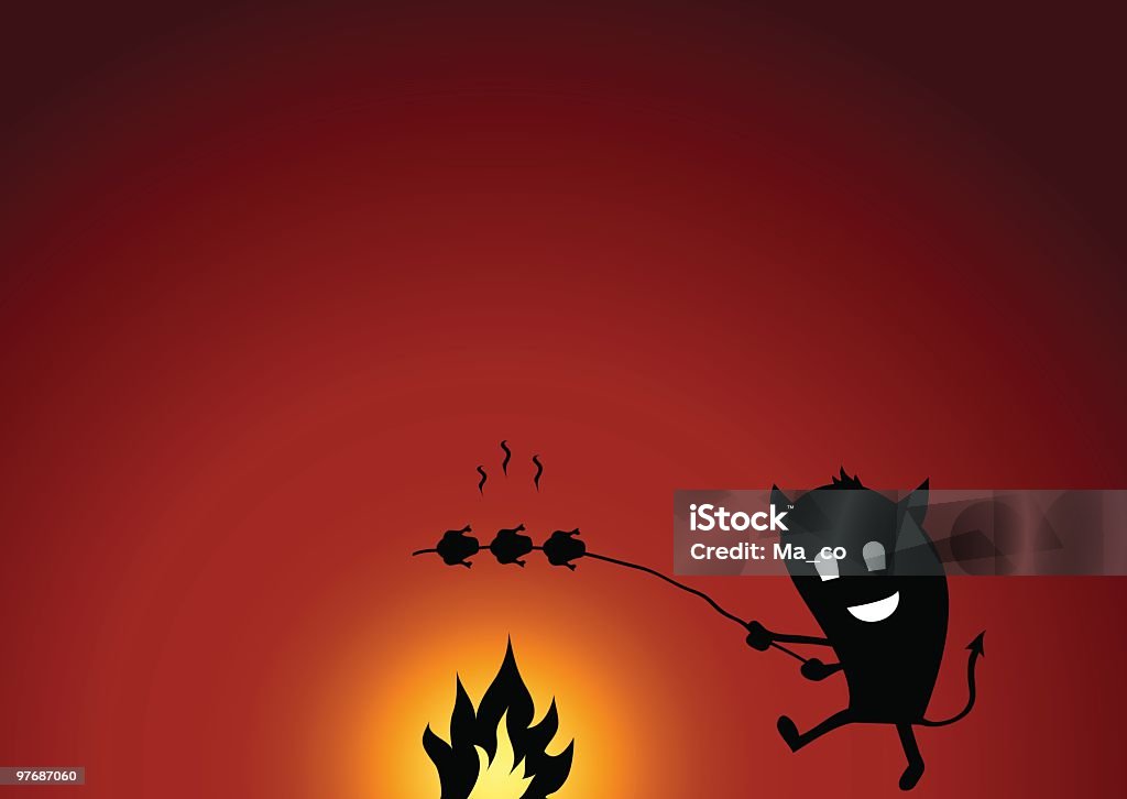 Kleinen Teufel ist ein Lagerfeuer und Grillen Huhn - Lizenzfrei Dampf Vektorgrafik