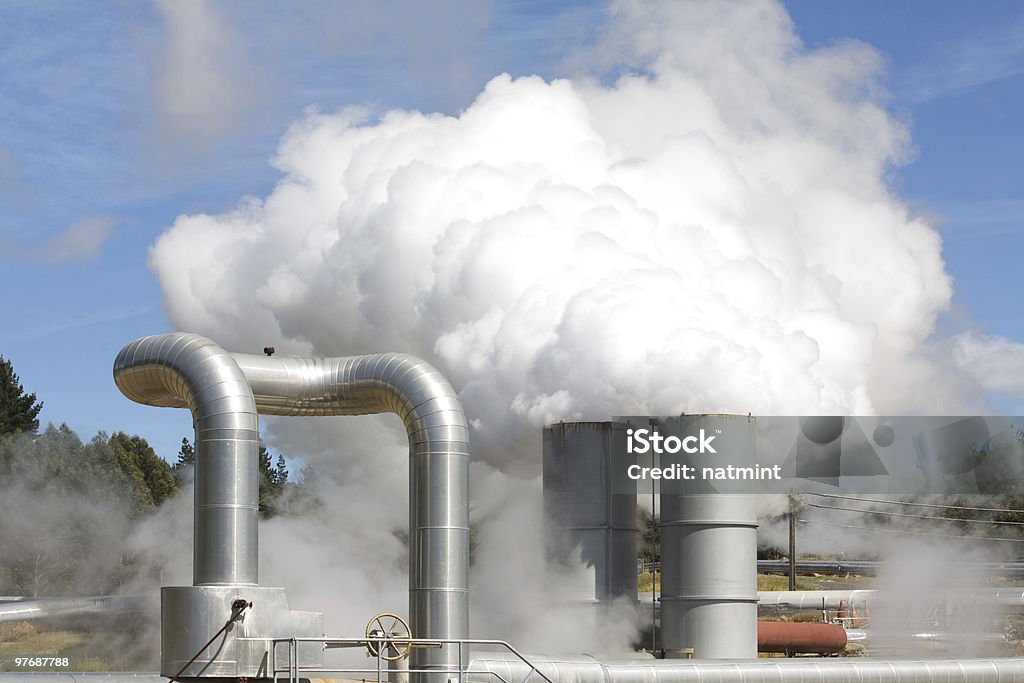 Geothermal power plant emissions Wairakei geothermal power station, New Zealand. Cloudscape Stock Photo