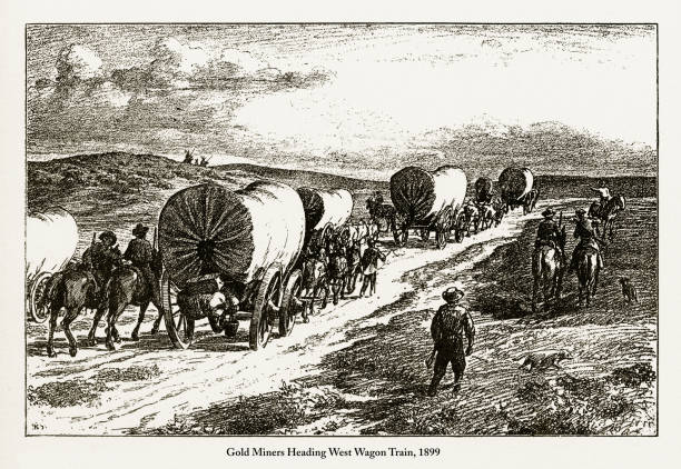 illustrazioni stock, clip art, cartoni animati e icone di tendenza di minatori d'oro diretti west wagon train incisione vittoriana, 1899 - santa fe trail