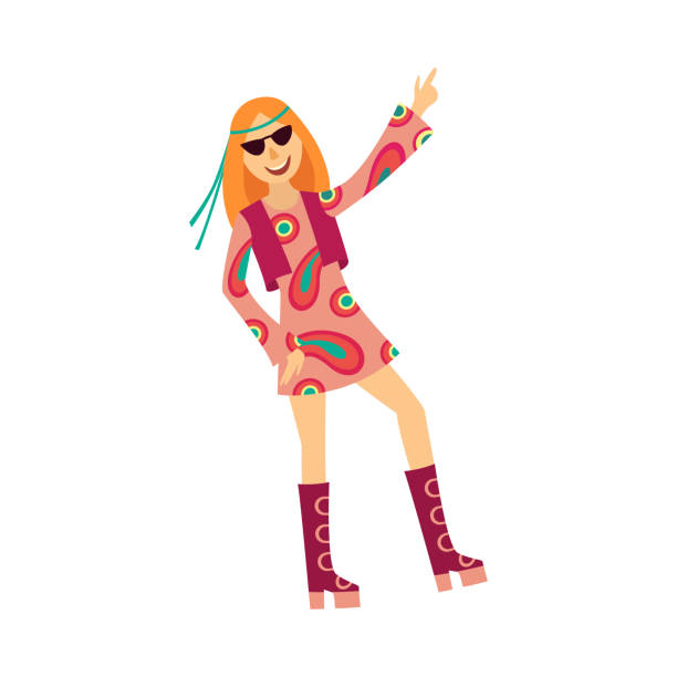 Woman dancing disco in 70s style clothes and sunglasses isolated on white background. Woman dancing disco in 70s style clothes and sunglasses isolated on white background. Flat cartoon vector illustration of retro female character at party or discotheque. 60s style dresses stock illustrations