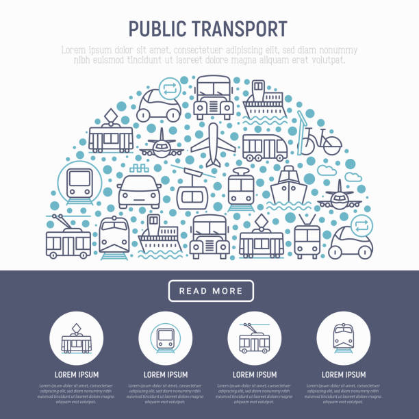 細い線のアイコンで半円形で公共交通機関の概念: 鉄道、バス、タクシー、船、フェリー、トロリーバス、トラム、カーシェア リングします。正面と側面のビュー。web ページ、印刷メディア - public transportation cable car ferry bicycle点のイラスト素材／クリップアート素材／マンガ素材／アイコン素材