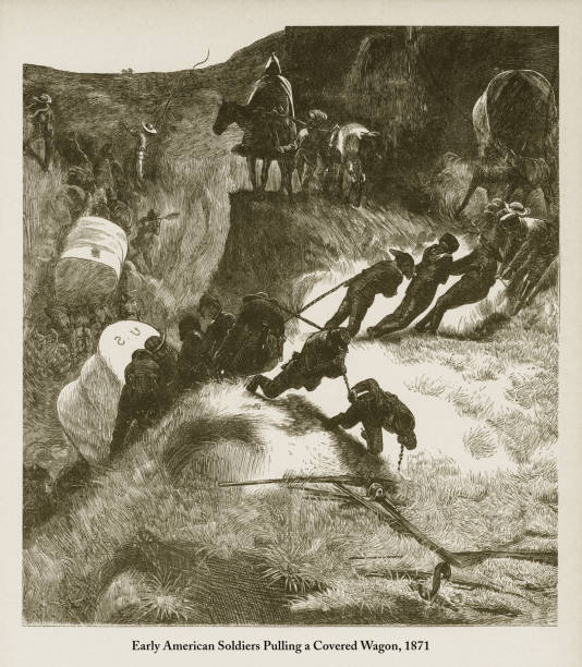 istock Soldiers Pulling a Covered Wagon, Early American Victorian Engraving, 1871 976895284