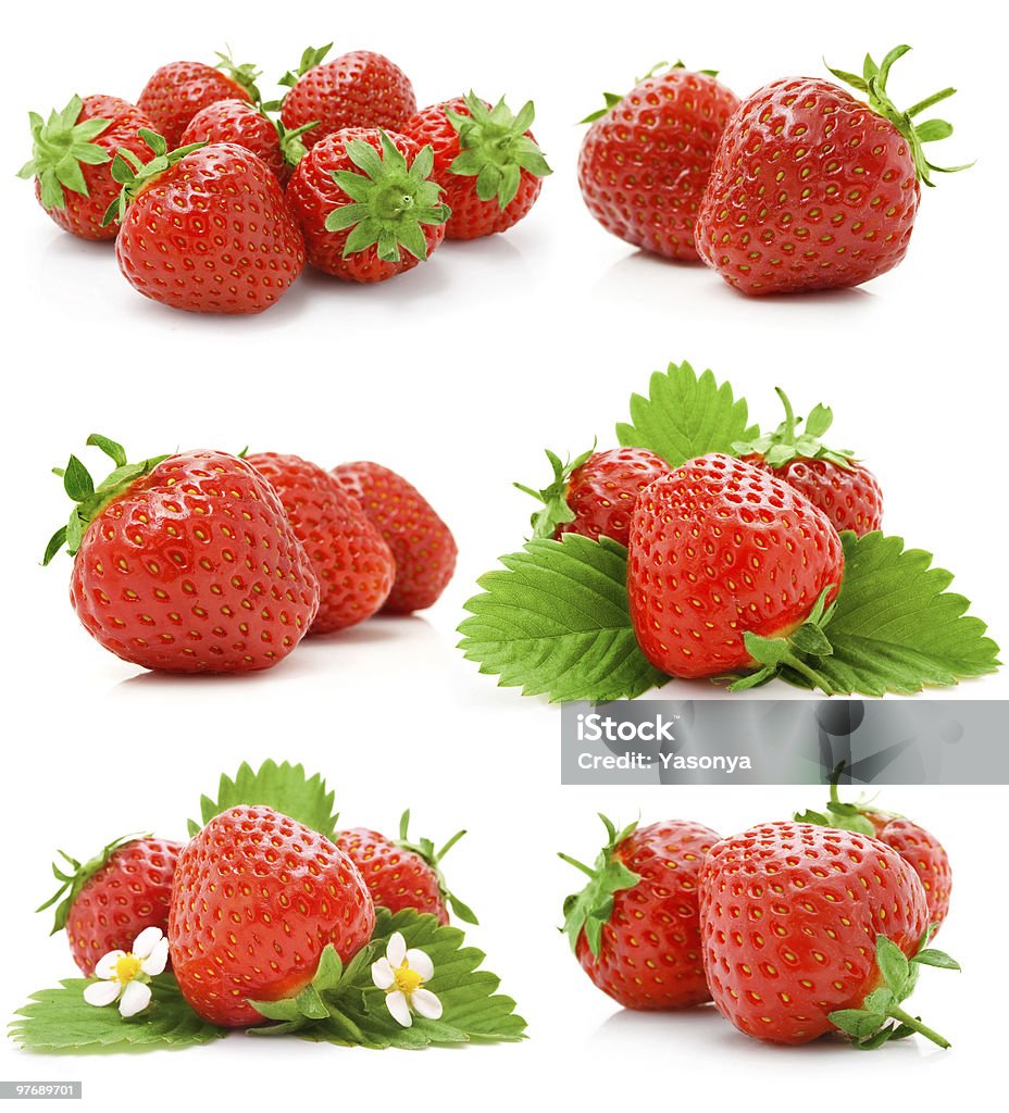 set of red strawberry fruits with green leaves  Berry Fruit Stock Photo