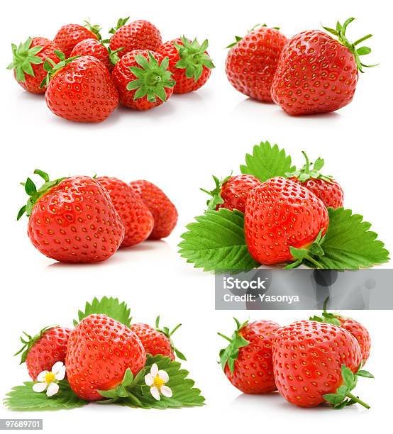 Set Of Red Strawberry Fruits With Green Leaves Stock Photo - Download Image Now - Berry Fruit, Collection, Color Image