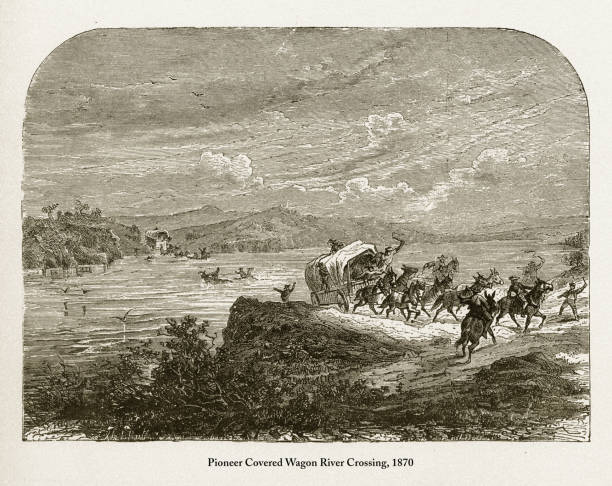 illustrations, cliparts, dessins animés et icônes de traverser la rivière pionnier bâché, début américain victorienne gravure, 1870 - santa fe trail