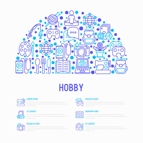 illustrations, cliparts, dessins animés et icônes de concept de hobby en demi cercle avec des icônes de la mince ligne : lecture, jeux, jardinage, photographie, cuisine, couture, pêche, randonnée pédestre, yoga, musique, tricot. illustration vectorielle moderne, modèle de page web. - video game gamepad illustration and painting vector