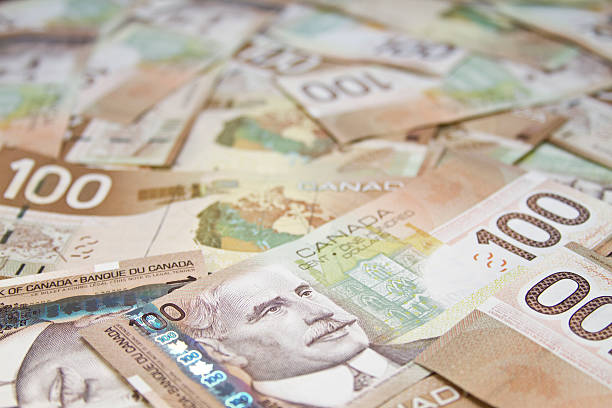 banconota di dollaro canadese - canadian dollars canada bill one hundred dollar bill foto e immagini stock