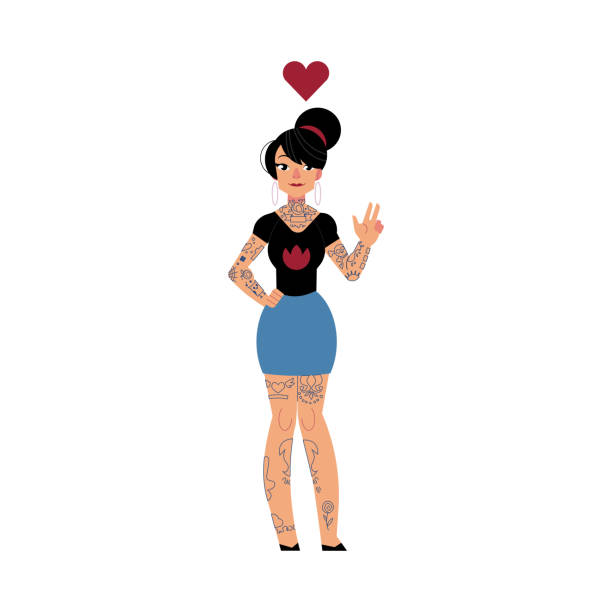 ilustrações, clipart, desenhos animados e ícones de mulher jovem tatuada com cabelo preto e brincos grandes anéis fica sorrindo e faz o gesto de paz. - tattoo punk women pierced
