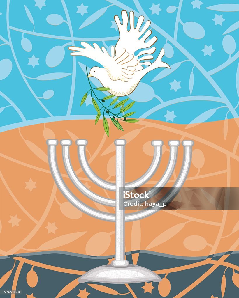 Pombo branco com Olive Branch e o Menorah (candelabro judaico - Vetor de Azeitona royalty-free