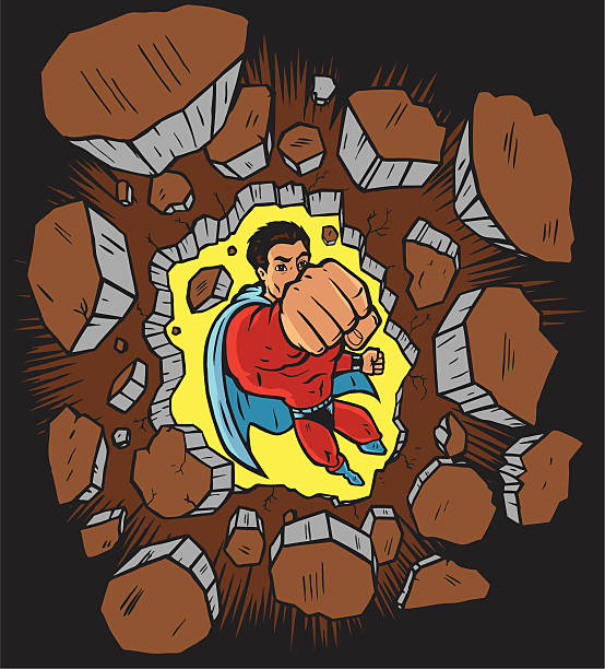 Superhero punching through wall vector art illustration