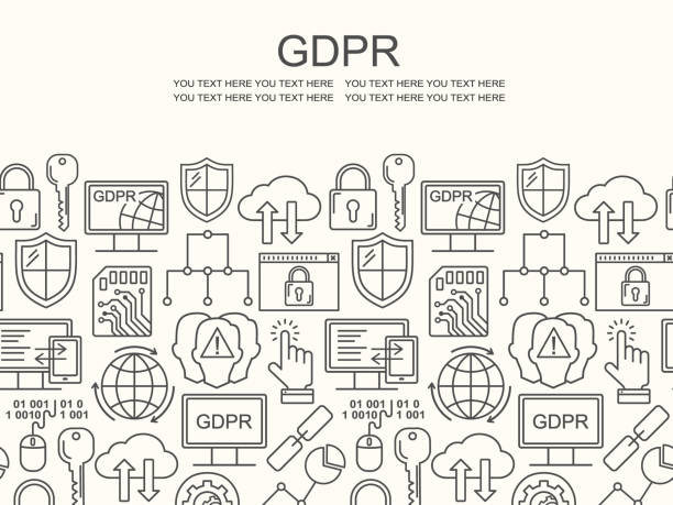 Vector GDPR - General Data Protection Regulation seamless pattern with line style icons. Web Privacy and security in internet  black on white background. vector art illustration