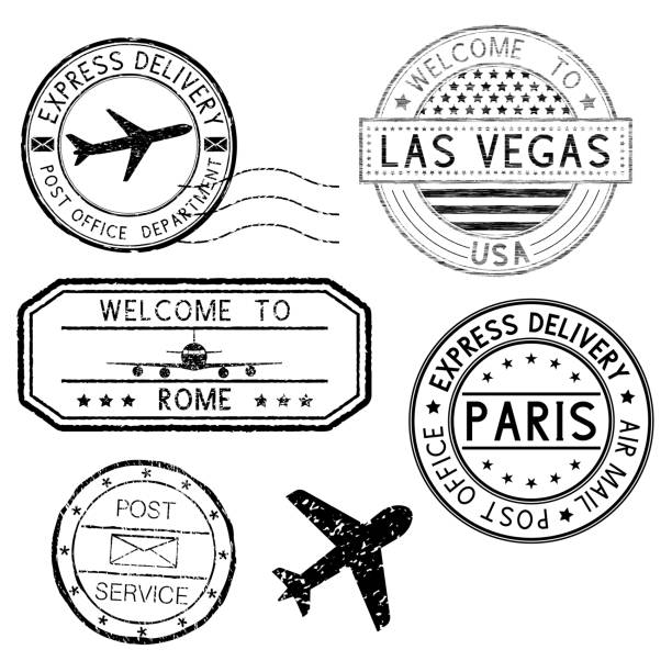 ilustrações, clipart, desenhos animados e ícones de carimbos e selos de viagem, símbolo de avião - postage stamp postmark mail paris france