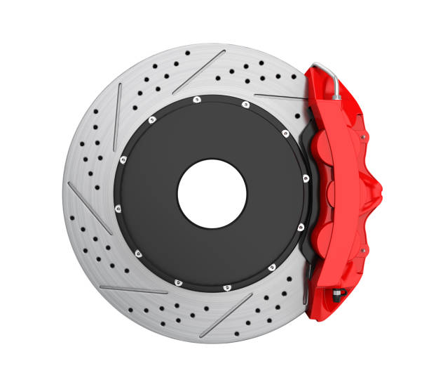 car brake disc and red caliper isolated - travão imagens e fotografias de stock