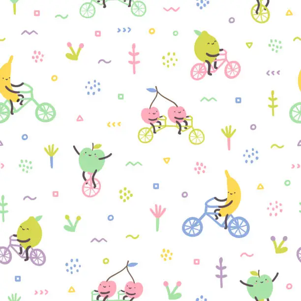 Vector illustration of Cartoon cute fruits on bicycles.