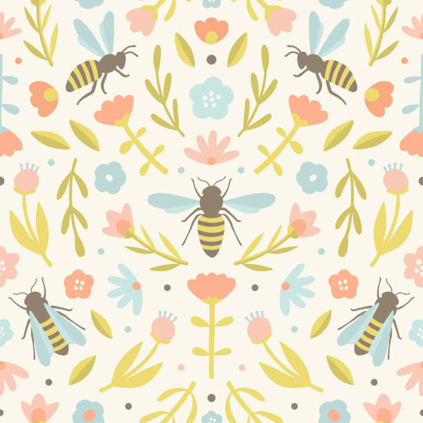 Cute flowers and bees Cute flowers and bees. Vector hand drawn seamless pattern bee patterns stock illustrations