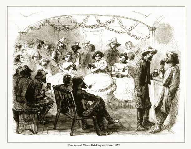 illustrazioni stock, clip art, cartoni animati e icone di tendenza di cowboys and miners drinking in a saloon engraving, 1872 - showgirl