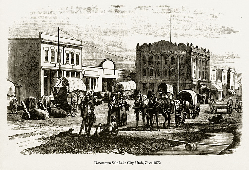 Beautifully Illustrated Antique Engraved Victorian Illustration of Downtown Salt Lake City, Utah Engraving, Circa 1872. Source: Original edition from my own archives. Copyright has expired on this artwork. Digitally restored.