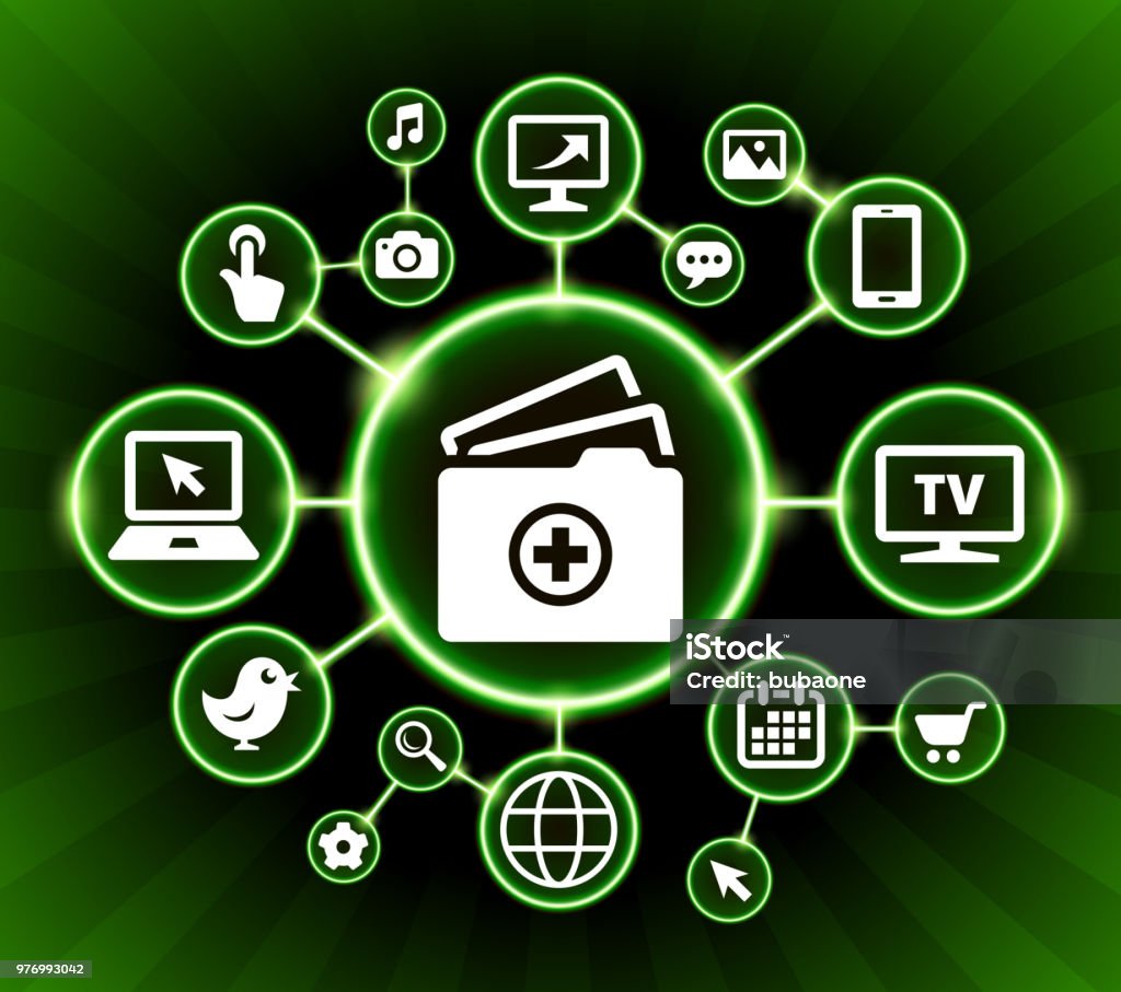 Medical Records Internet Communication Technology Dark Buttons Background Medical Records Internet Communication Technology Dark Buttons Background. The main icon depicted in this 100% royalty free vector illustration is placed inside a black circle with a glowing bright green outline. It is surrounded by a group of smaller circles with technology, internet and media icons in each of the circles. The background is dark and has a green starburst glow effect. The icons are white in color. Electronic Medical Record stock vector