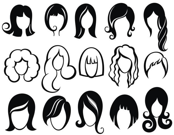 sylwetka fryzury. kobieta, dziewczyna, kobiece włosy. symbole peruki beauty vector - peruka stock illustrations