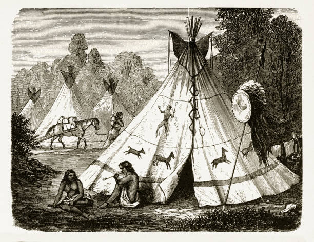 テントでキャンプ アメリカ ・ インディアン彫刻、1891 - smoke pipe men smoking点のイラスト素材／クリップアート素材／マンガ素材／アイコン素材