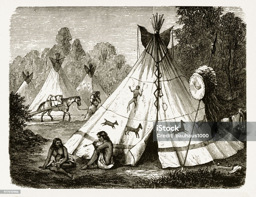 Camp with Teepee, American Indian Engraving, 1891 Beautifully Illustrated Antique Engraved Victorian Illustration of American Indian Camp with Teepee Engraving, 1891. Source: Original edition from my own archives. Copyright has expired on this artwork. Digitally restored. Engraved Image stock illustration