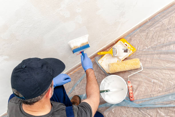 House painter at work painting a wall with a brush