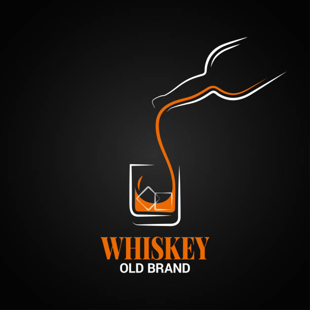 whiskey glass and bottle logo on black background vector art illustration