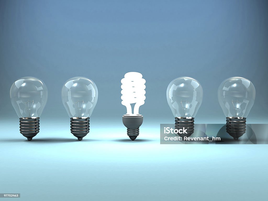 Bright Idea A 3d image of four lamps and one shining luminescent lamp. Abstract Stock Photo