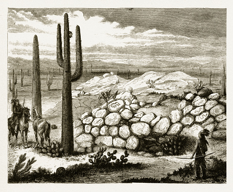 Beautifully Illustrated Antique Engraved Victorian Illustration of American Indian Decorated Rocks Monument in Arizona Engraving, 1877. Source: Original edition from my own archives. Copyright has expired on this artwork. Digitally restored.