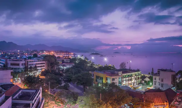 Vietnam, Nha Trang. 1 May 2015. Panorama. Night view of the city from above. Daybreak.
