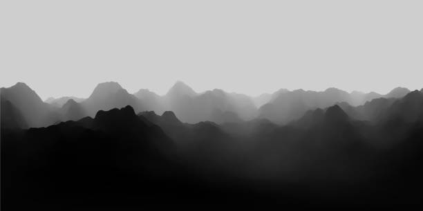 hdri karte, kugelförmige umgebung panorama hintergrund mit nebligen bergkette, lichtquelle rendern (equirectangular 3d-rendering) - hill dusk sunset heat haze stock-fotos und bilder