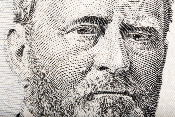 porträt von präsident ulysses s. grant nahaufnahme von 50 doll - fifty dollar bill number 50 currency close up stock-fotos und bilder
