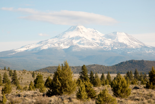 Stunning view of Mt. Rainier as seen from a hiking trail in Mt. Rainier National Park in Washington state