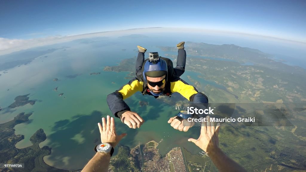Para-quedista ponto de vista sobre a praia - Foto de stock de Skydive royalty-free