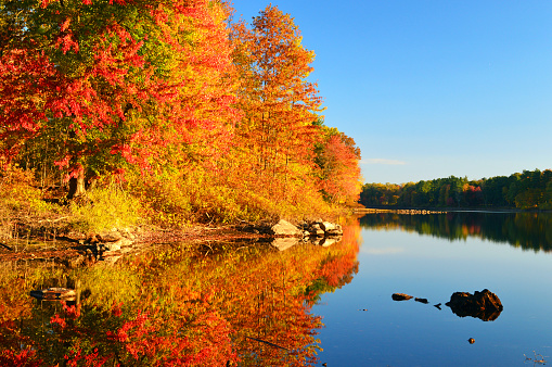 Autumn colors are reflected in the cam waters of a New England lake