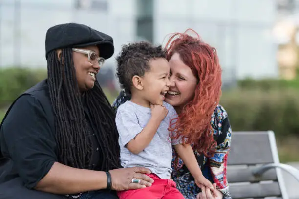 Photo of Two mothers holding their son on their laps outside at the park