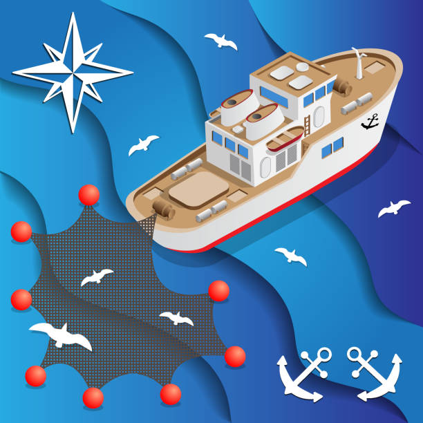łódź do połowów. - fishing industry fishing nautical vessel buoy stock illustrations
