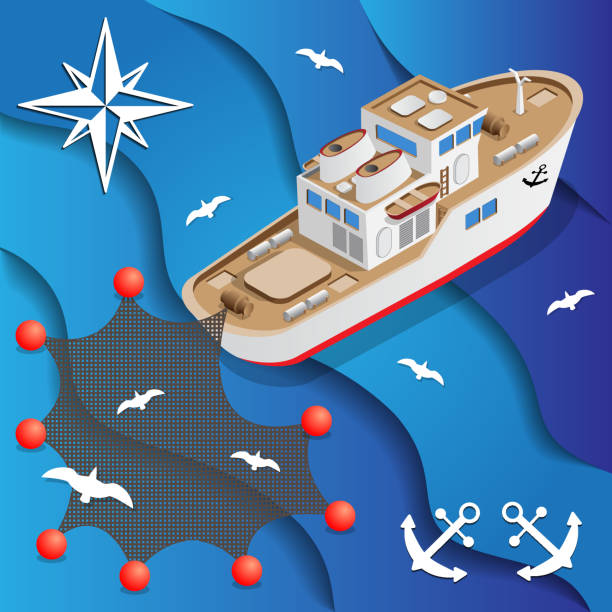 ilustrações, clipart, desenhos animados e ícones de o barco para a pesca. - fishing industry fishing nautical vessel buoy