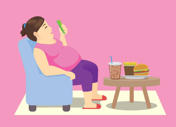 Fat woman using Smartphone on a chair and fast food on table. Fat woman using Smartphone on a chair and fast food on table. Illustration about unhealthy lifestyle. couch side view stock illustrations