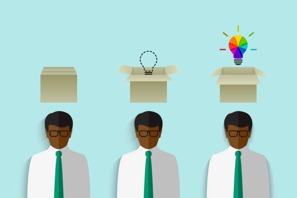 Black businessman with thinking, progress and idea concept Thinking out of the box concept with black businessman having a cardboard box above his head and colorful lightbulb as creative idea symbol man with a light bulb over his head stock illustrations
