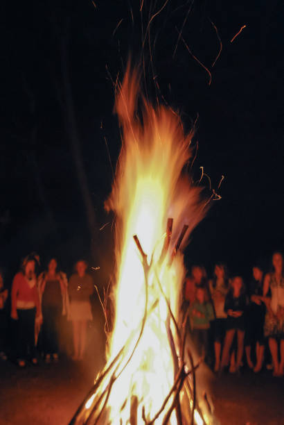 istock Vertical photo of people watching bonfire at night, campfire 977308008