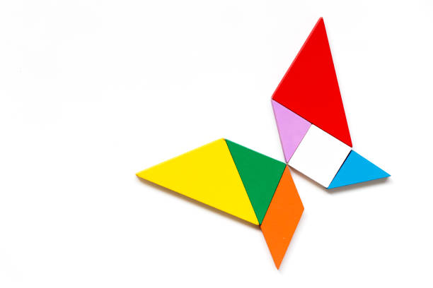 Color wood tangram puzzle in butterfly shape on white background