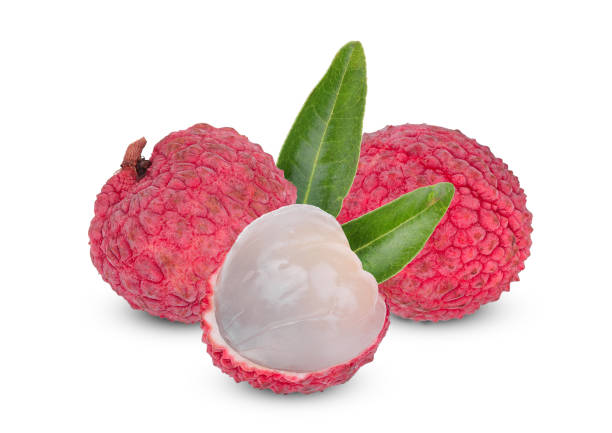 istock lychee with green leaves isolated on white background 977308872