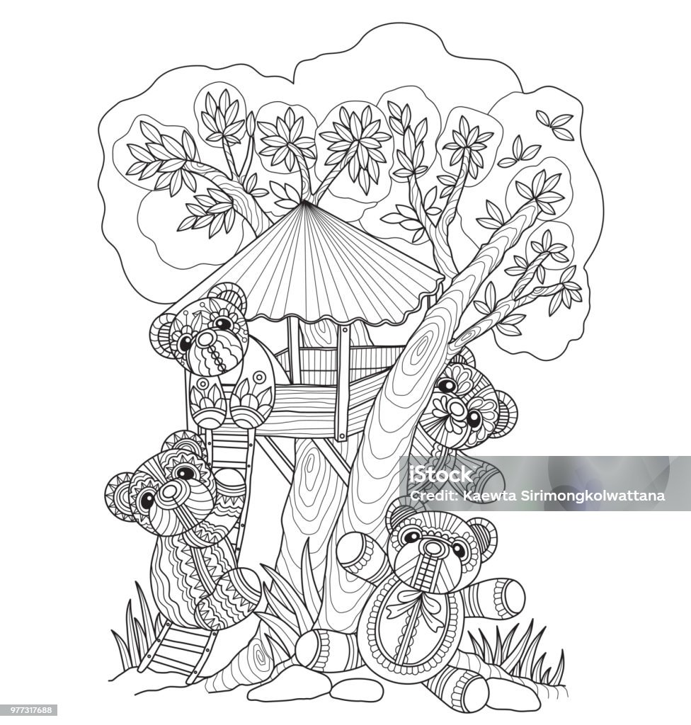 Hand drawn illustration of Teddy bears and tree house in doodle style Hand drawn sketch illustration for adult coloring book vector was made in eps 10. Abstract stock vector