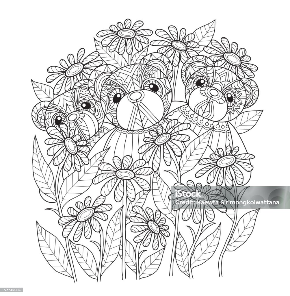 Hand drawn illustration of 3 Teddy bears and flower in doodle style Hand drawn sketch illustration for adult coloring book vector was made in eps 10. Page stock vector