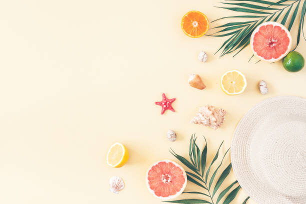 istock Summer composition on pastel yellow background. Flat lay, top view 977319064