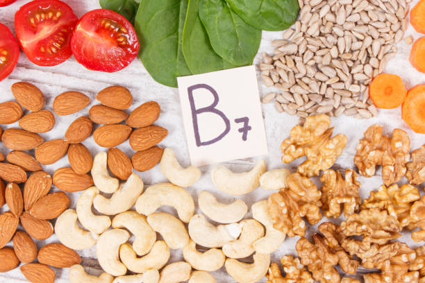 istock Healthy products as source minerals, vitamin B7 and fiber, nutritious eating concept 977355764