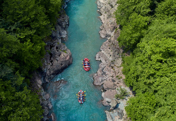 rafting auf einem bergfluss - sports team sport rowing teamwork rafting stock-fotos und bilder