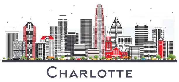 Vector illustration of Charlotte NC City Skyline with Gray Buildings Isolated on White.