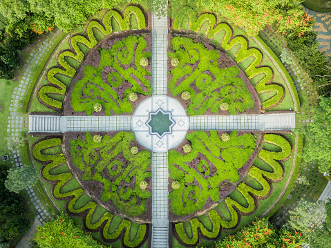 Aerial view of the Lake Gardens, Kuala Lumpur from a drone. It known officially as Perdana Botanical Gardens, is Kuala Lumpur's first large-scale recreational park.